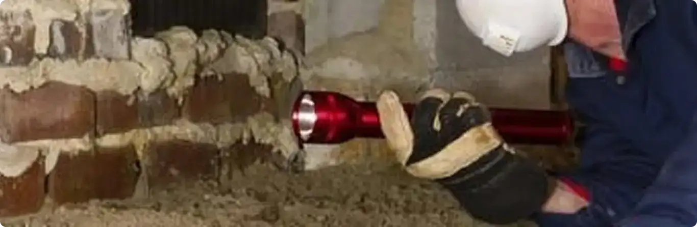 Pest control technician inspecting a crawl space for ant activity in Garden Grove, CA
