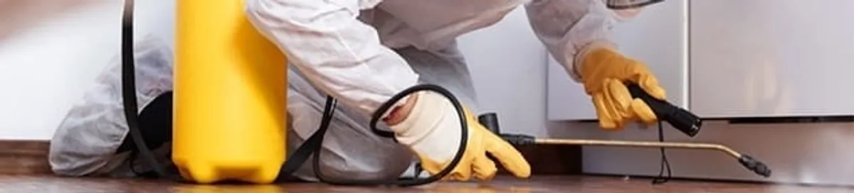 Roach exterminator treating cracks and crevices along kitchen baseboards in Santa Ana, CA